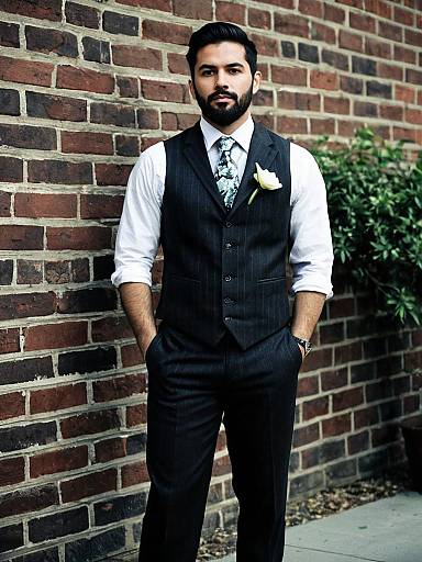 Man in Formal Suit with Flower on Brick Wall