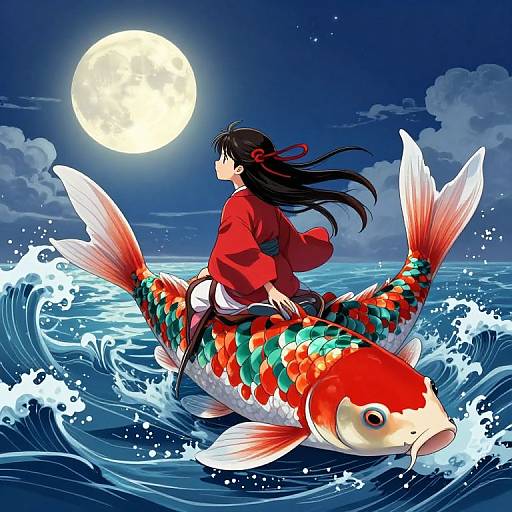 Girl Riding Koi Fish Under Moonlight