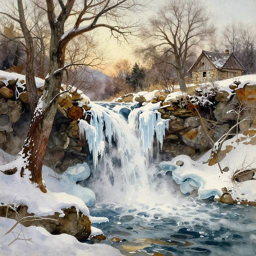 Photorealistic digital painting of a snow-covered waterfall with icicles, surrounded by bare trees, rocky walls, and a distant wooden house.