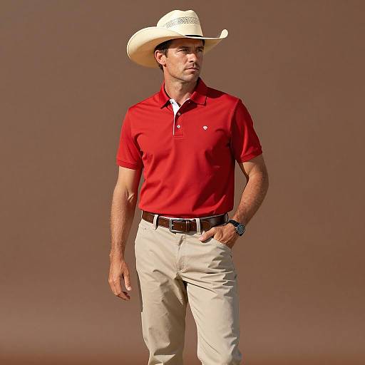 Man in Cowboy Hat and Red Polo Shirt