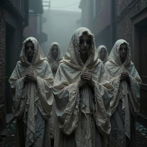 Photograph-like digital artwork of four eerie, pale women in white, hooded, embroidered robes standing in a misty, narrow, urban alley.