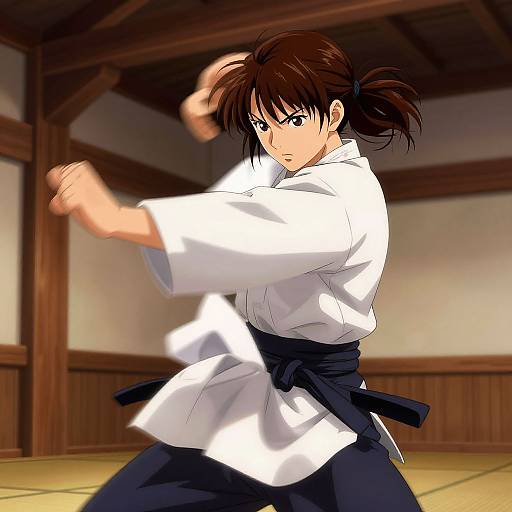 Anime-style digital drawing of a brown-haired woman in a white karate gi and black belt, striking a defensive pose in a traditional wooden dojo.