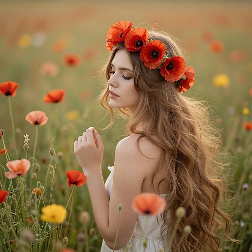 Photograph of a fair-skinned, long-haired woman with red poppy flower crown, wearing a white dress, standing in a vibrant poppy field