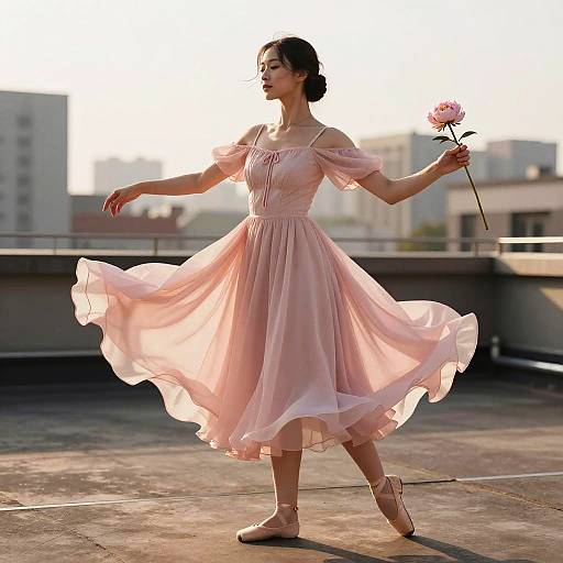 Photograph of an elegant Asian ballerina in a flowing pink dress, holding a rose, dancing on a rooftop at sunset.