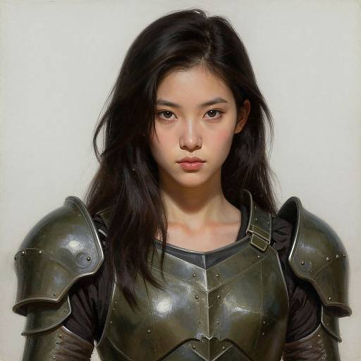 Digital painting of an Asian woman with long black hair, wearing dark, polished medieval armor, looking directly at the viewer.