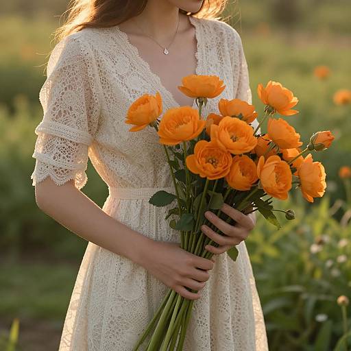 Photograph of a woman with long brown hair in a white lace dress, holding a bouquet of vibrant orange roses, standing in a sunlit garden.