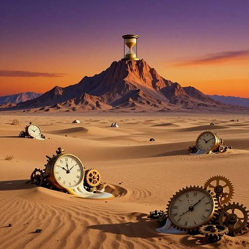 Photograph of a surreal desert sunset with large, gear-like clocks buried in sand, and a tall, watch-tower on a distant mountain.