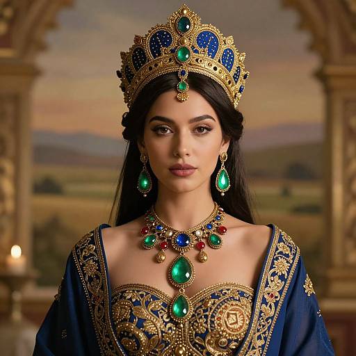 Photograph of a regal woman with dark hair, wearing a gold and blue ornate crown, matching necklace, earrings, and dress, set against