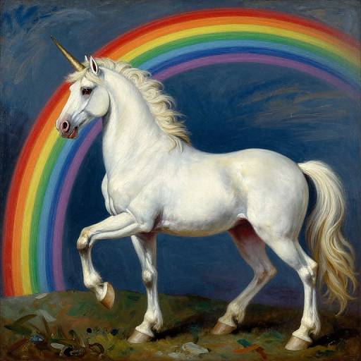 Digital painting of a white unicorn with a flowing mane and tail, standing on a rocky surface, with a vibrant rainbow arc in a dark blue sky background
