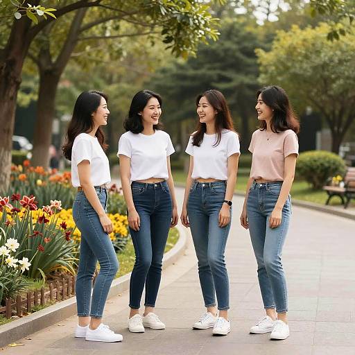 Photograph of four smiling Asian women in white and pink t-shirts, blue jeans, and white sneakers, standing on a park path with colorful flowers and
