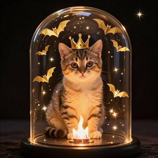 Photograph of a cute, small tabby kitten with a golden crown on its head, sitting under a glass dome with glowing bats and stars, surrounded