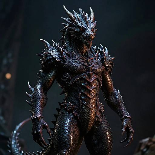 CGI fantasy creature with dark, scaly armor, sharp spikes, and glowing blue accents, standing against a dark, shadowy background.