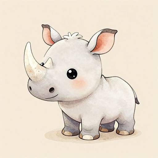 Cute digital drawing of a white baby rhinoceros with large ears, black eyes, and a small horn, standing on a white background.