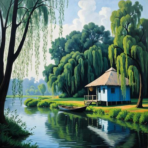 Serene Riverbank with Fishing Hut and Weeping Willows