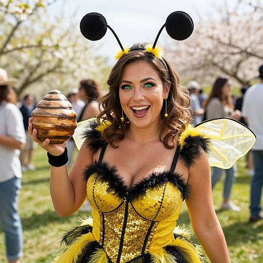 Photograph of a smiling woman in a yellow and black bee costume, holding a honeycomb-shaped cake, outdoors with blurred people and trees in the background