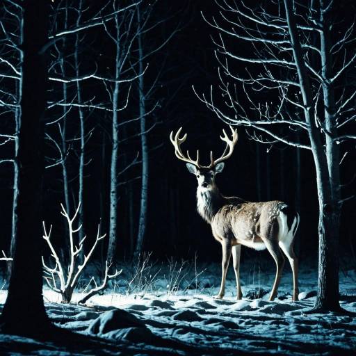 Deer Standing in Snowy Forest at Night