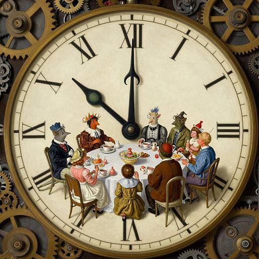 Illustration of six anthropomorphic animals in 19th-century attire, having tea around a table inside a large clock with gears.