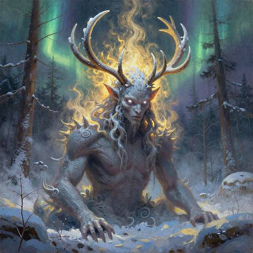 Mythic Wendigo Spirit in Snow Forest