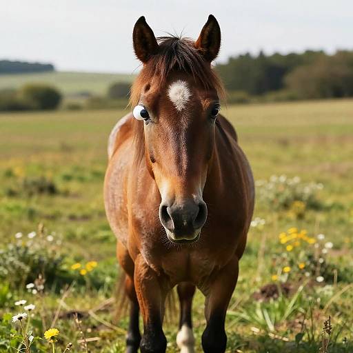 Whimsical Cross-Eyed Horse in Meadow