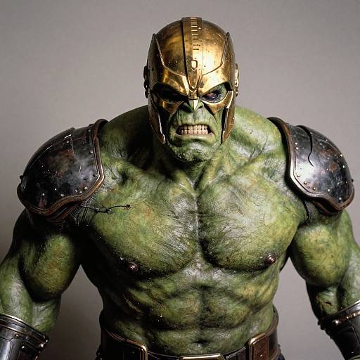 Photograph of a green-skinned, muscular Orc warrior with a gold helmet, dark armor shoulders, and cracked skin, glaring intensely.