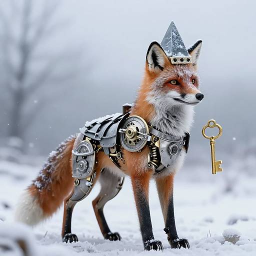 Photograph of a red fox wearing a silver crown and steampunk armor with a golden key, standing in snowy landscape.