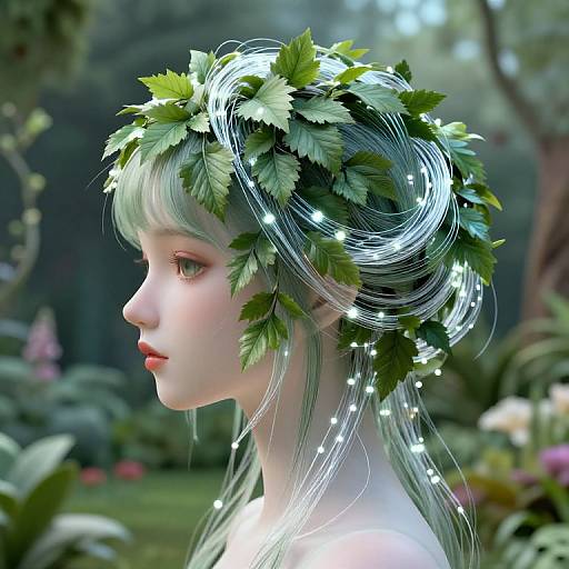 Digital art of a fair-skinned, green-eyed woman with flowing silver hair adorned with leafy crown and glowing white lights, set in a lush,