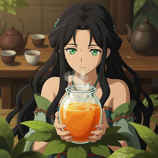 Digital anime-style drawing of a green-eyed, long black-haired woman with leafy arm adornments, holding a steaming orange liquid in a glass jar