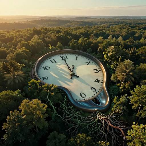 Photograph of a surreal, large clock with a heart-shaped face embedded in a dense, green forest, with roots visible, under a golden sunset sky