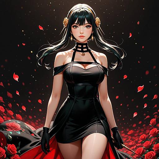 Digital anime-style portrait of a beautiful woman with long black hair, wearing a black strapless dress, black gloves, and gold hairpins, surrounded by