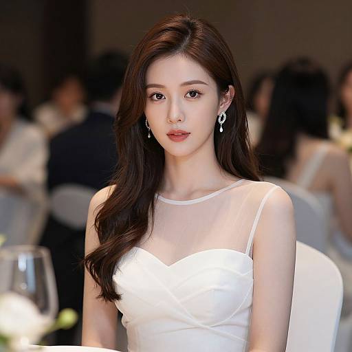 Photograph of an elegant Asian woman with long, dark brown hair, wearing a white, sheer-strap dress and silver earrings, standing in a dim
