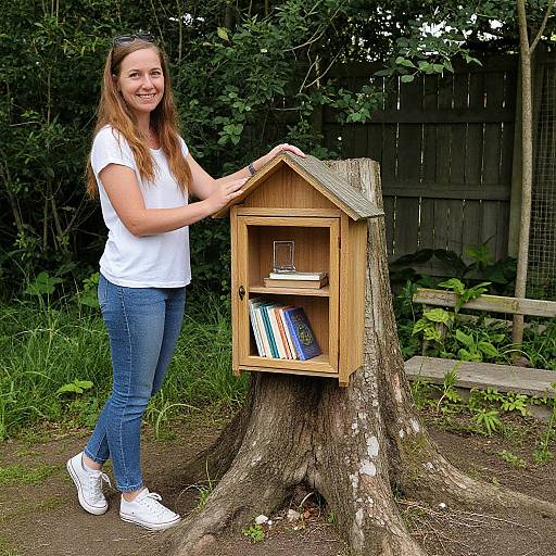 Photograph of a smiling young woman with long brown hair, wearing a white t-shirt and blue jeans, standing beside a wooden birdhouse mounted on a