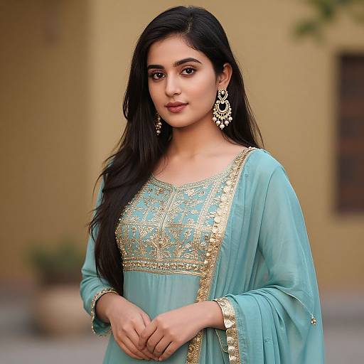 Photograph of an Indian woman with long black hair, wearing a light blue embroidered kurti, gold jewelry, and matching earrings, standing outdoors against