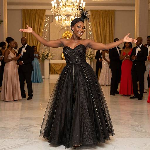 Photograph of a smiling Black woman in a strapless, black, tulle ball gown with a feathered headpiece, arms outstretched,