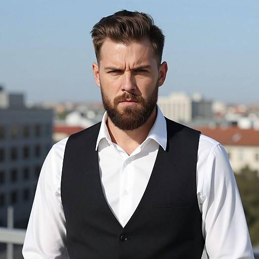 Photograph of a serious, bearded man with dark hair, wearing a white shirt and black vest, against a blurred urban skyline.