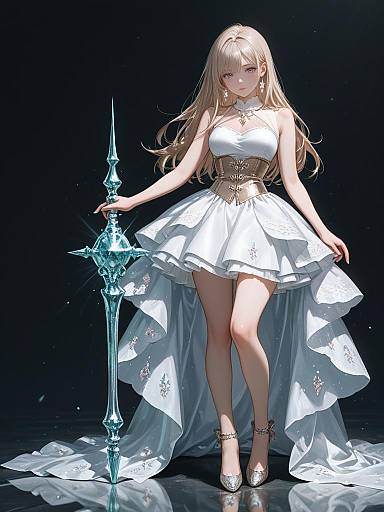 Digital anime-style illustration of a blonde, fair-skinned woman in a white, sleeveless, high-low dress holding a glowing, crystal staff, standing