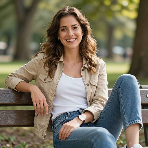 Photograph of a smiling brunette woman with wavy hair, wearing a beige jacket, white tank top, and blue jeans, sitting on a wooden bench