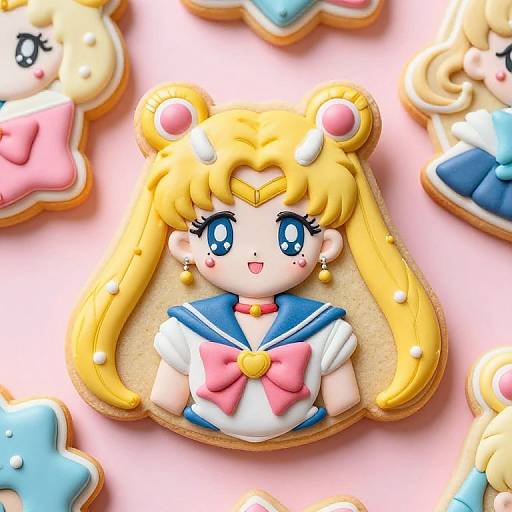 Colorful anime-style cookie of Sailor Moon with blonde hair, blue eyes, and sailor uniform, surrounded by star-shaped and character cookies.