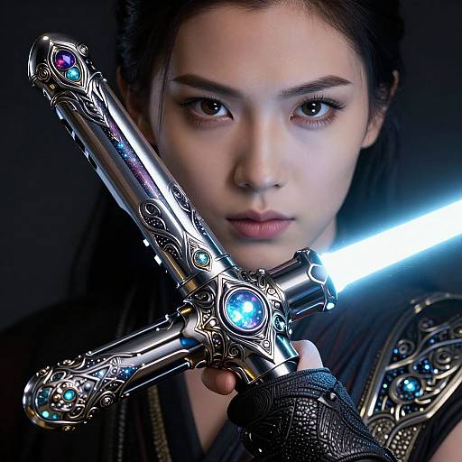 Photorealistic image of an Asian woman with serious expression, holding a glowing, intricately designed, silver lightsaber with blue gemstones.