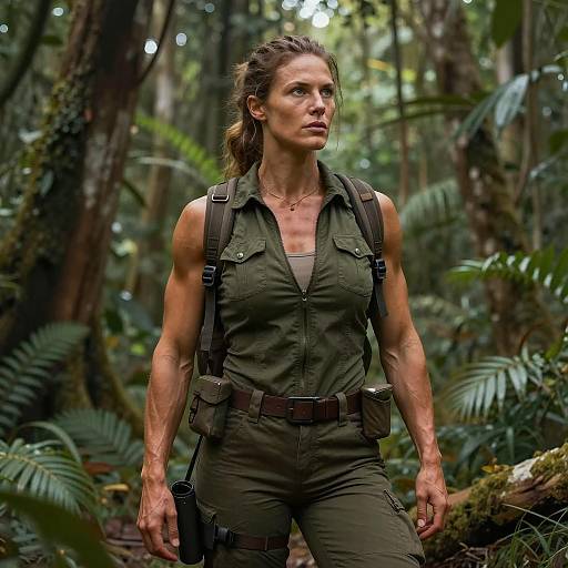 Muscular Woman Explorer in Jungle Adventure