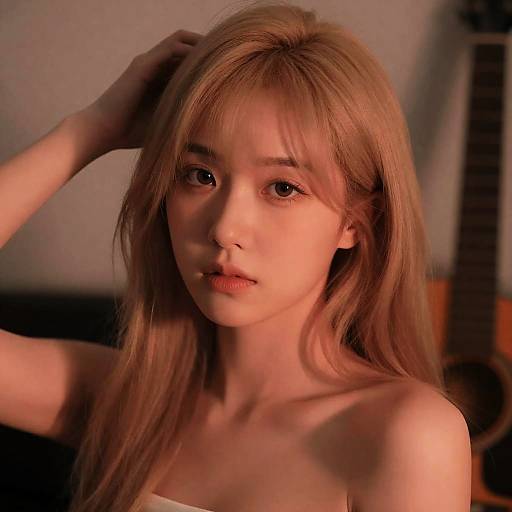 Portrait of Young Blonde Woman with Guitar Background