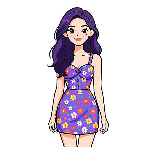 Digital anime-style drawing of a smiling woman with long purple hair, wearing a purple floral dress, standing against a white background.