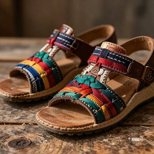 Colorful Huarache Sandals on Rustic Wooden Surface