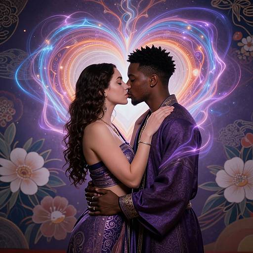Photograph of a Black man and a white woman kissing, both in purple attire, with glowing, heart-shaped light trails against a floral backdrop.