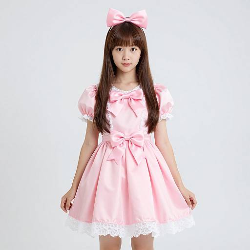 Photograph of an Asian girl with long brown hair, wearing a pink satin dress with white lace trim, and a large pink bow on her head,