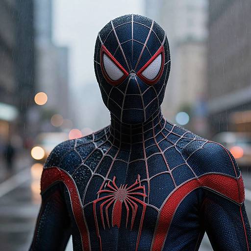 Photograph of a Spider-Man costume with a black web-patterned suit, red spider emblem, and white eyes, standing on a rainy urban street at