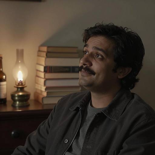 Man Looking Up with Books and Oil Lamp