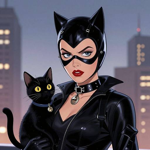 Digital comic-style drawing of Catwoman in black latex outfit with cat ears, red lipstick, collar, and black cat with yellow eyes, standing against a