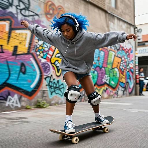 Photograph of a young Black girl with blue hair, wearing a gray hoodie, black shorts, knee pads, and headphones, skateboarding on a colorful