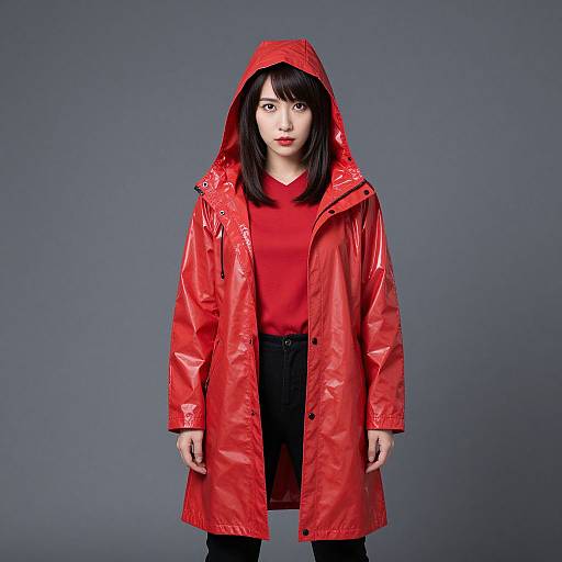 Photograph of a young Asian woman with straight black hair, wearing a vibrant red, glossy raincoat with a hood, red sweater, and black pants