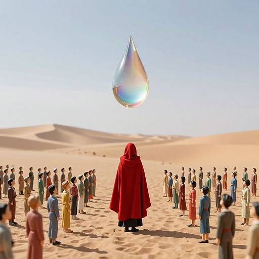 Digital art: Red-robed figure with hood facing desert crowd, large iridescent drop above, sand dunes in background, colorful attire.